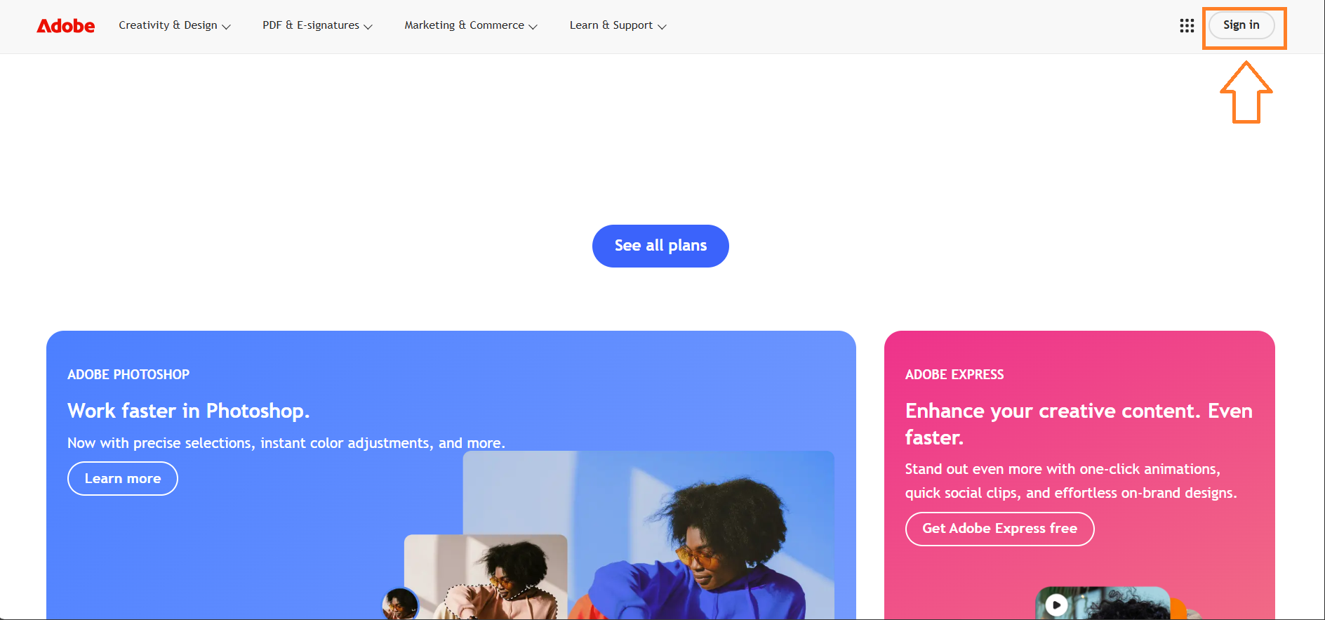 Adobe Creative Cloud home page layout with navigation menu.