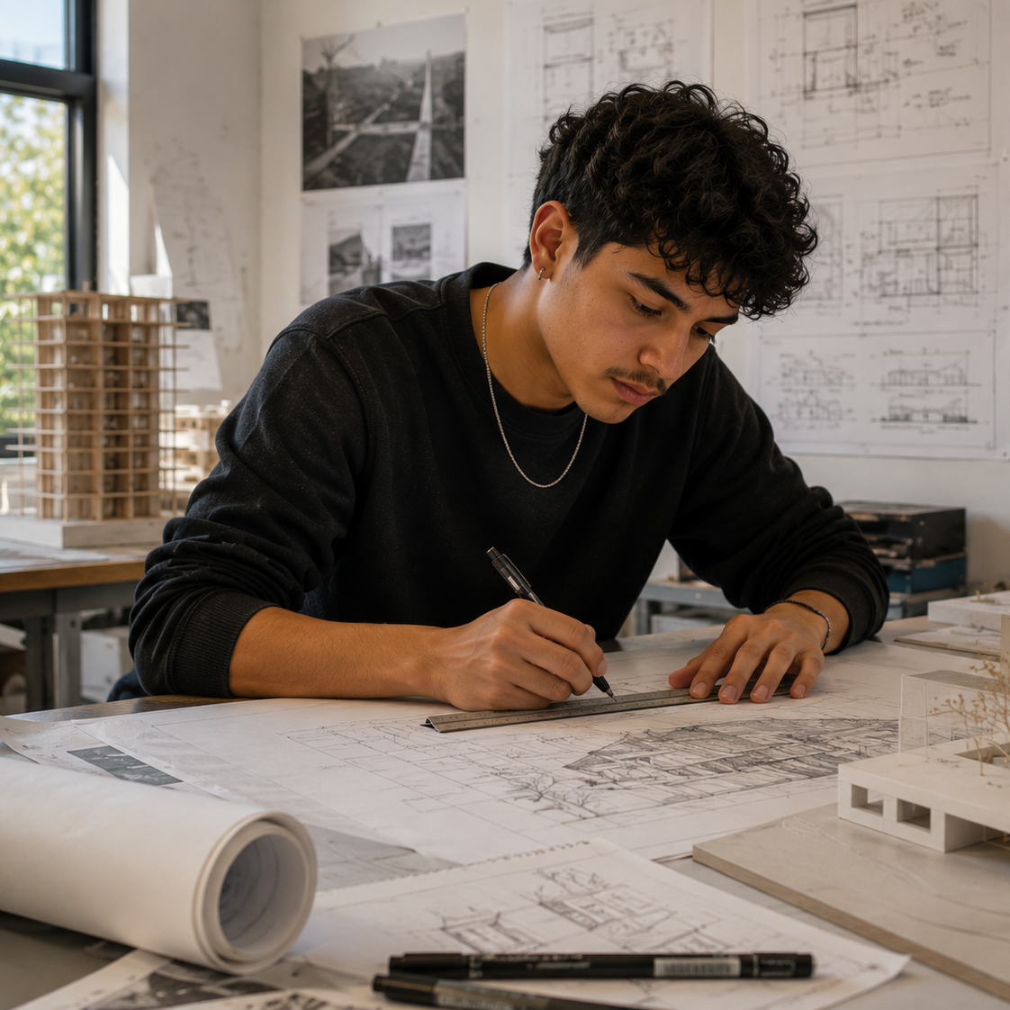 An architecture student works at a drafting table in a sunlit studio, carefully drawing architectural plans with a ruler and pen. Around him are scale models, rolled drawings, sketches, material samples, and pinned design boards, creating a focused architectural studies workspace.