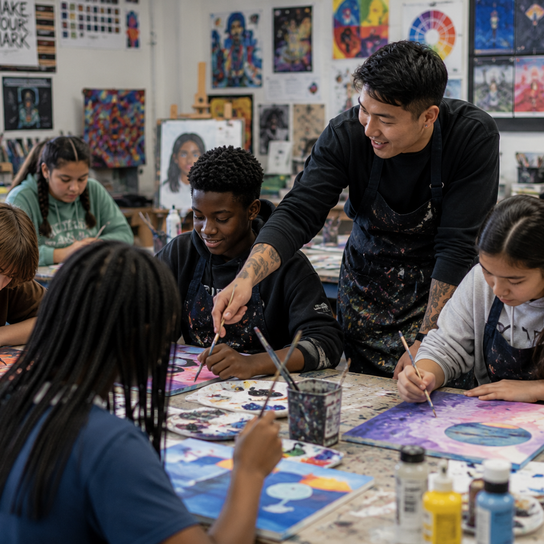 A diverse group of middle school students paint together in a bright, colorful art classroom while a young Asian male teacher in a paint-splattered apron leans over the table to guide them. The room is filled with student artwork, paint supplies, palettes, brushes, and partially finished canvases, creating an energetic, creative classroom scene.