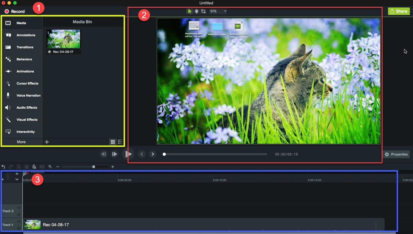 Camtasia for Mac Editor interface with the Media Bin, Preview Window, and Timeline labeled