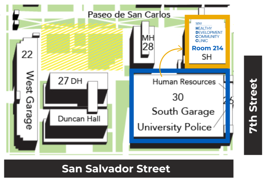 Map of South Garage on the corner of S. 7th Street and E. San Salvador Street. SJSU HDCC is located in Sweeney Hall, Room 214.
