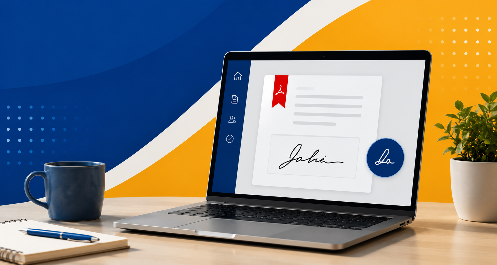 A laptop is sitting open on a desk. The laptop's screen shows an Adobe Sign form completed and signed. The desk also has a dark blue mug, a notepad with pen, and a small plant in a pot.