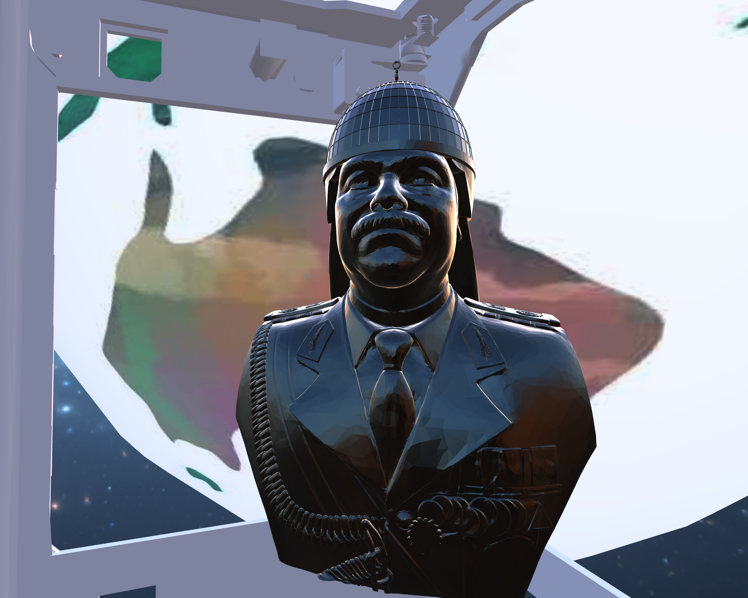 Installation view of Canto III in New Art City. Bust of Saddam Hussein inside a cubesat designed by Wafaa Bilal.  It is floating in space against a background of Earth in the distance.